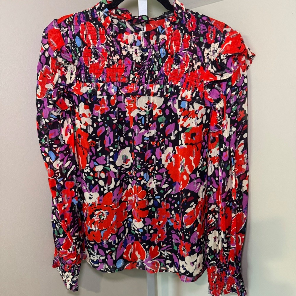 J. Crew Floral Blouse Red Purple Metallic Mock Neck Smocked Ruffle Long Sleeve